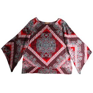 Ellen Tracy Women's Black/Red Mixed Print Scoop Neck Bell Sleeves Blouse L Large